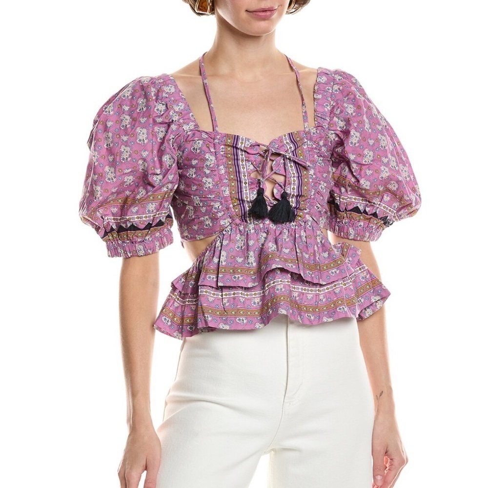 NWT Sea New York Perry Border Cut Out TassleTop Blouse Lilac Purple S